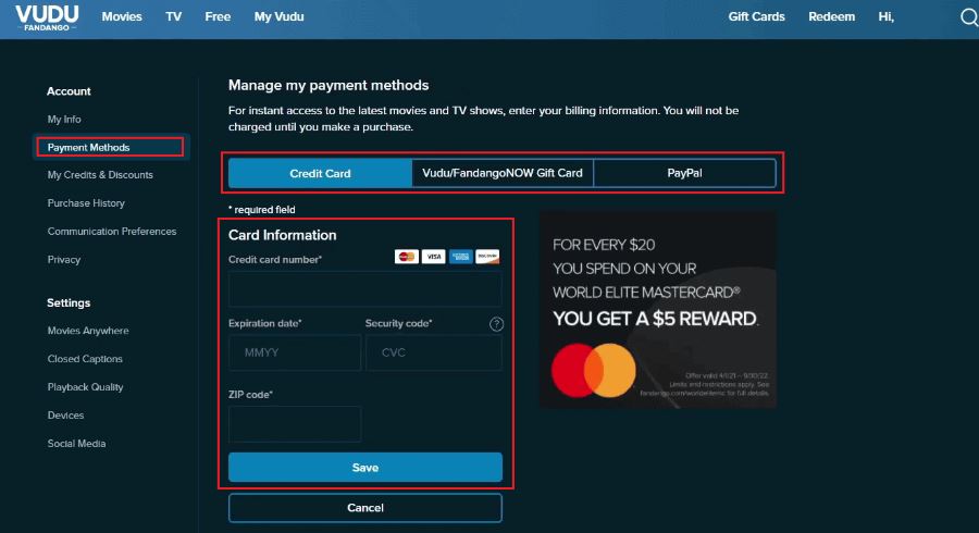 Update Your Payment Method on Vudu